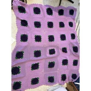 Vtg Floral 3D Rose Crochet Afghan Granny Square Blanket Throw Purple 51x64" Full